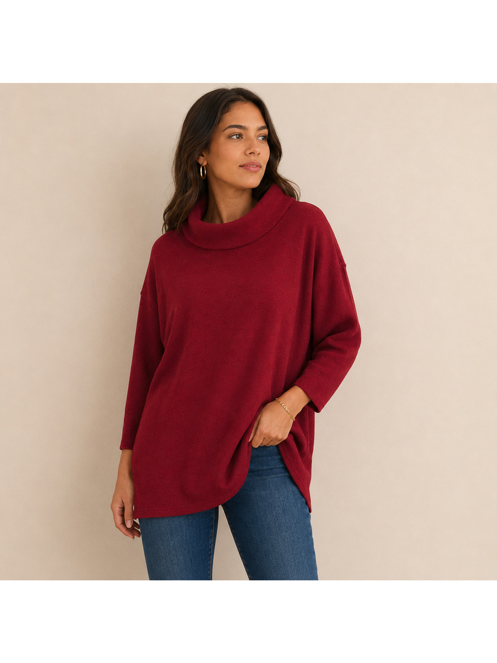 Anthropologie Theresa Cowl Neck Tunic Top Red Pink Berry Ribbed Knit Size M